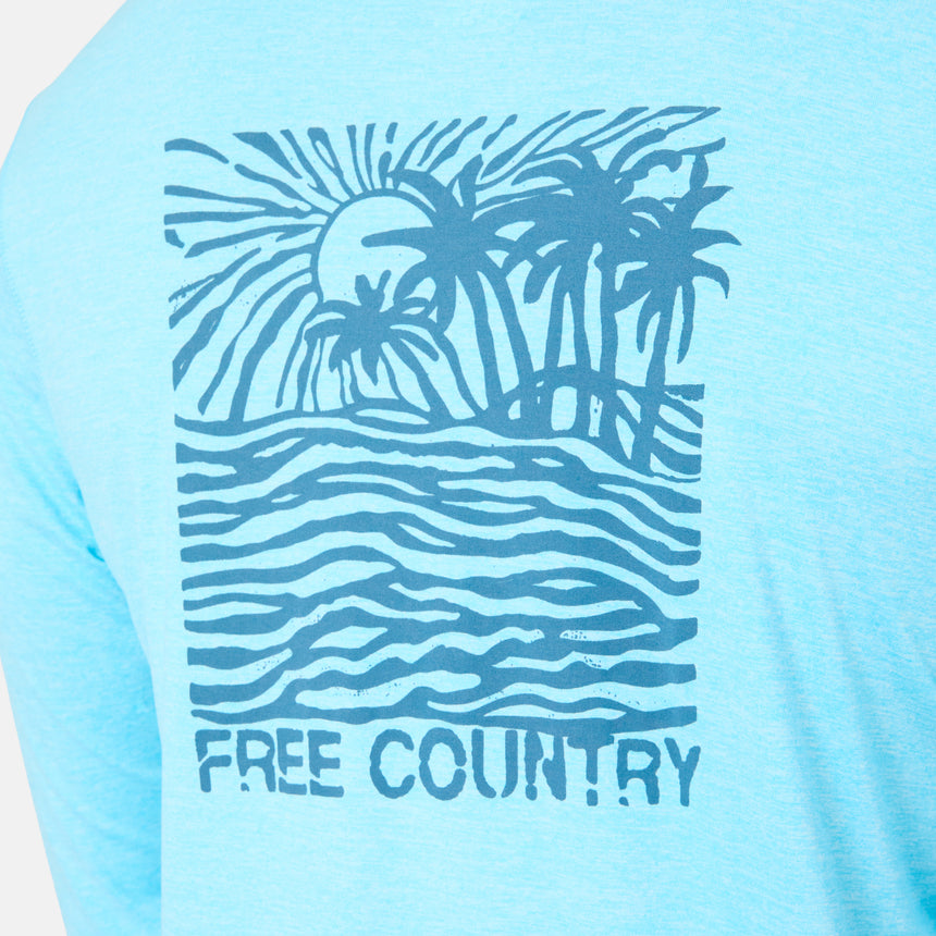The Men's Microtech® Hooded Graphic Sunshirt by Free Country features a blue design with a sun, palm trees, wavy lines, and "FREE COUNTRY" on the back plus UPF 50+ sun protection for your outdoor adventures.