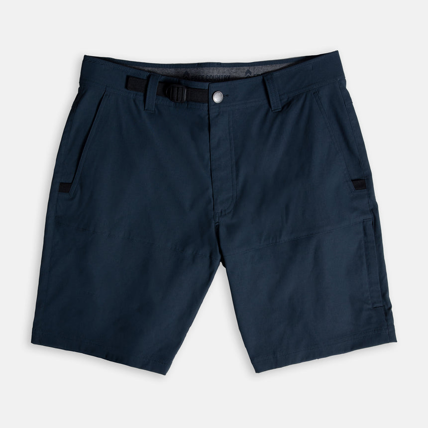 Free Country Men's Nylon Stretch Trek Short in Steel, size M, made from lightweight stretch performance fabric featuring a water repellent finish, an adjustable waist belt, two back welt pockets, and two side sipper pockets #color_steel