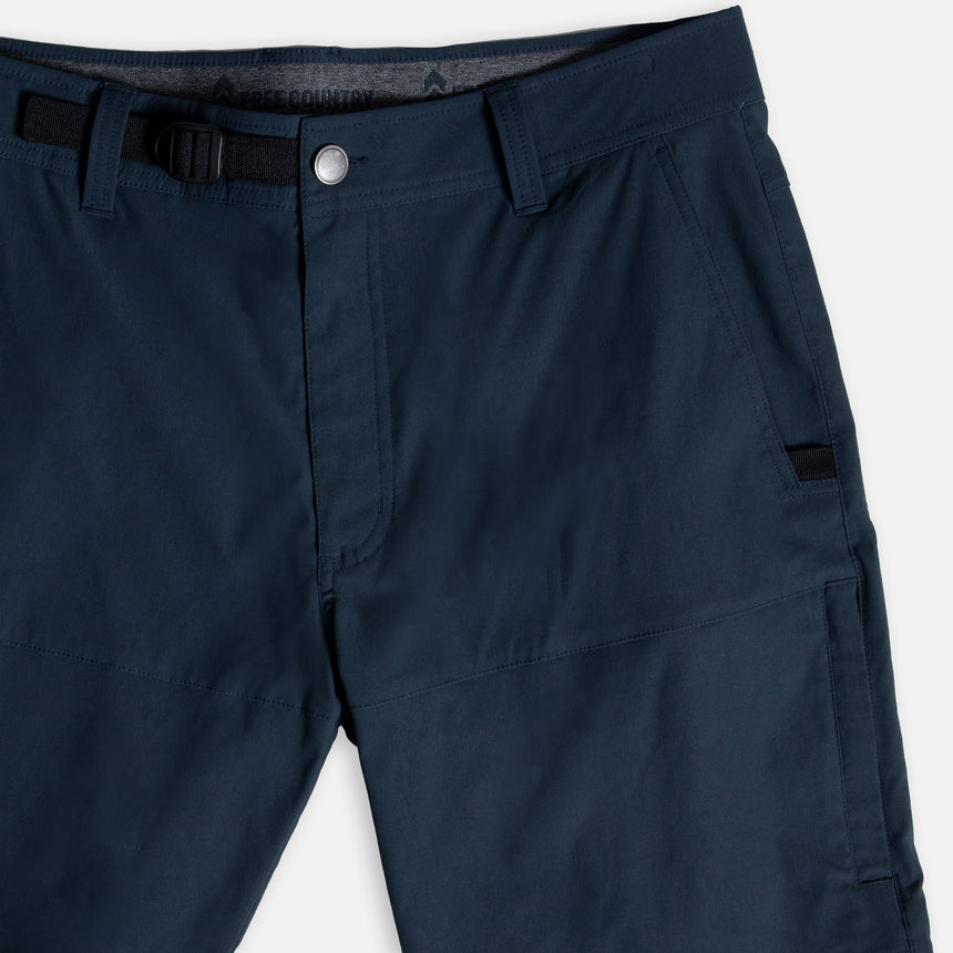 Free Country Men's Nylon Stretch Trek Short in Steel, size M, made from lightweight stretch performance fabric featuring a water repellent finish, an adjustable waist belt, two back welt pockets, and two side sipper pockets #color_steel