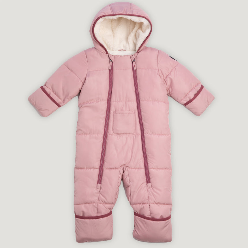Free Country Kids' Infant Lightweight Quilted Puffer Snow Suit in pink, featuring wide channel quilting, sherpa lining, dual zippers, and fold-over mittens and booties for warmth and easy dressing.