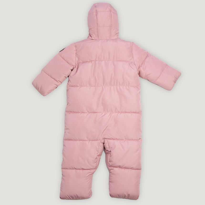 Free Country Kids' Infant Lightweight Quilted Puffer Snow Suit in pink, featuring wide channel quilting, sherpa lining, dual zippers, and fold-over mittens and booties for warmth and easy dressing.
