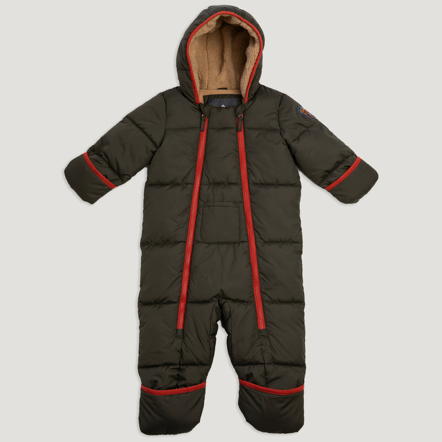 Free Country Kids' Infant Lightweight Quilted Puffer Snow Suit in dark green, featuring wide channel quilting, sherpa lining, dual zippers, and fold-over mittens and booties for warmth and easy dressing.