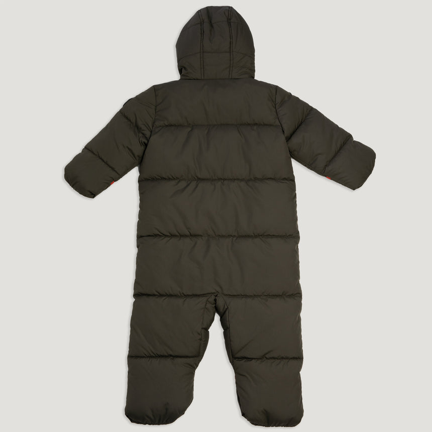 Free Country Kids' Infant Lightweight Quilted Puffer Snow Suit in dark green, featuring wide channel quilting, sherpa lining, dual zippers, and fold-over mittens and booties for warmth and easy dressing.