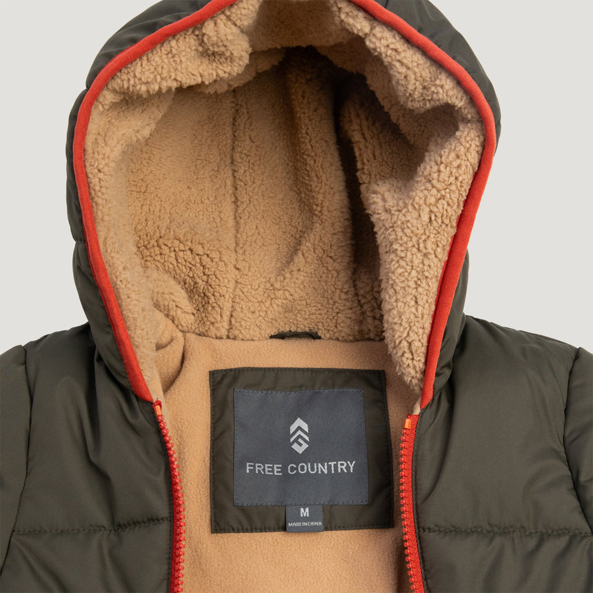 Free Country Kids' Infant Lightweight Quilted Puffer Snow Suit in dark green, featuring wide channel quilting, sherpa lining, dual zippers, and fold-over mittens and booties for warmth and easy dressing.