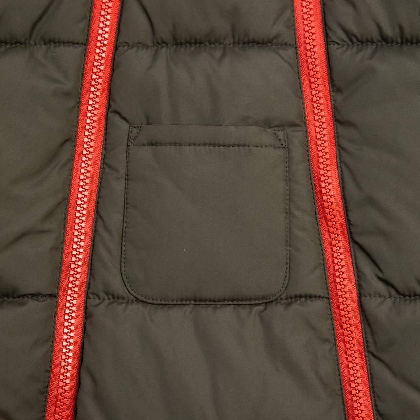 Free Country Kids' Infant Lightweight Quilted Puffer Snow Suit in dark green, featuring wide channel quilting, sherpa lining, dual zippers, and fold-over mittens and booties for warmth and easy dressing.