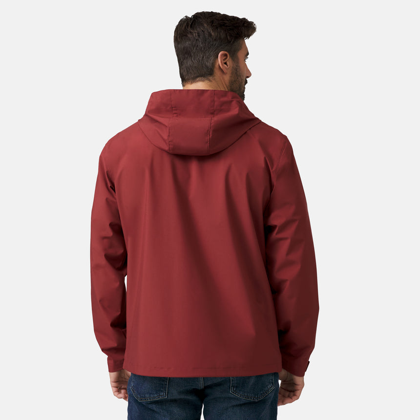 A man in blue jeans faces away from the camera, displaying the back of a red Clearance Men's Hydro Lite X2O Highline Waterproof Jacket made from stretch fabric, against a plain, light-colored background.