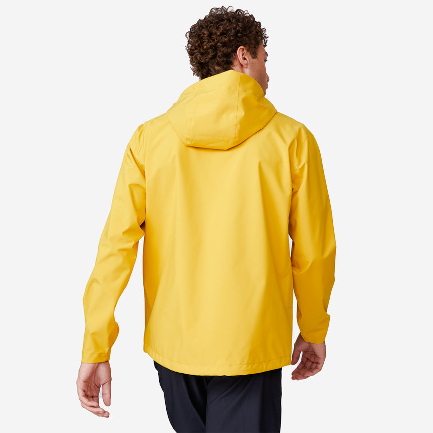 A man with curly hair is shown from behind wearing the Clearance Men's Hydro Lite X2O Squall Rain Jacket in bright yellow and dark pants, standing against a plain white background.