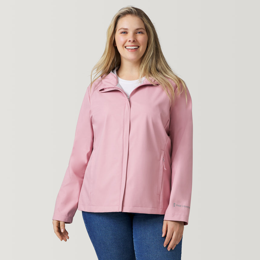 [Angela is 5’10” wearing a size 1X] Women's Plus Size X2O Packable Rain Jacket - Cameo Pink - 1X #color_cameo-pink