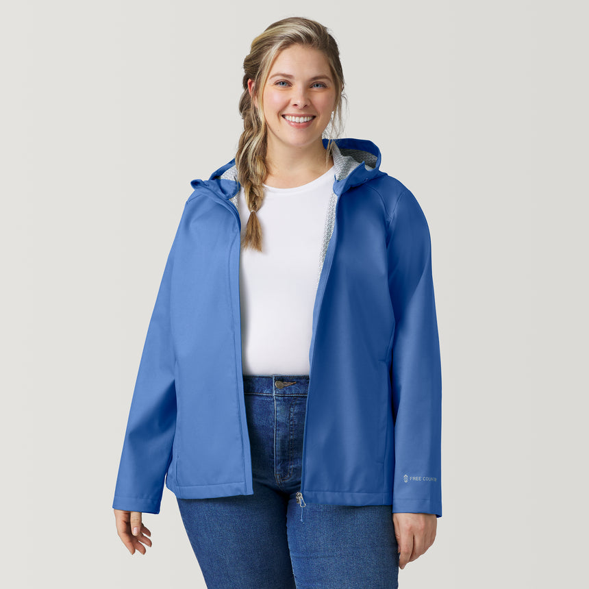 [Angela is 5’10” wearing a size 1X] Women's Plus Size X2O Packable Rain Jacket - Chambray - 1X #color_chambray