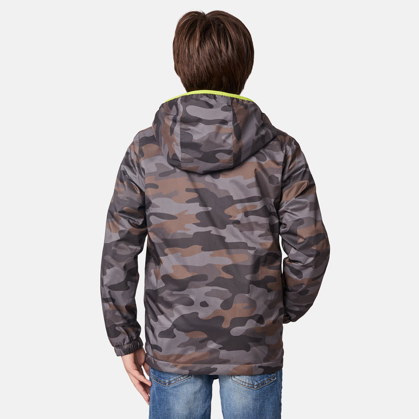 A child is seen from the back against a plain white background wearing the Clearance Boys' Brisk Walk Windshear Jacket in gray camo print and blue jeans.
