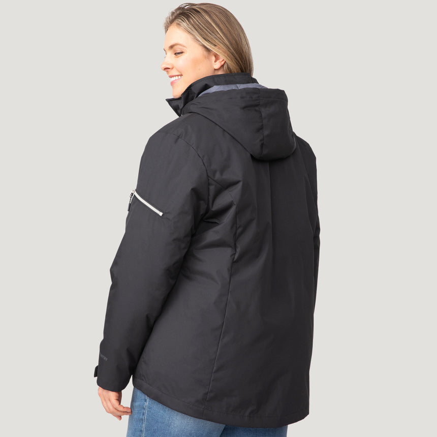A person is standing and smiling, shown from the back against a plain light gray background, wearing blue jeans and the Women's Plus Size Back of Bell 3-in-1 Systems Jacket by Clearance.
