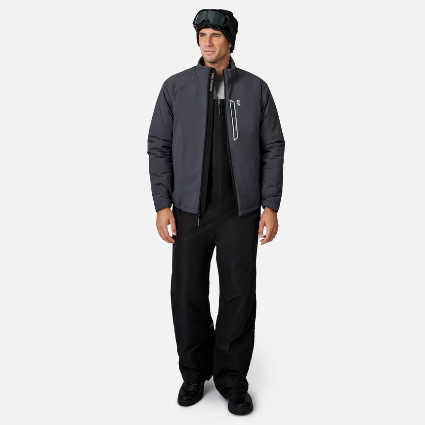 Front view of man in a dark gray Ace Puffer Jacket with high collar and chest zipper pocket