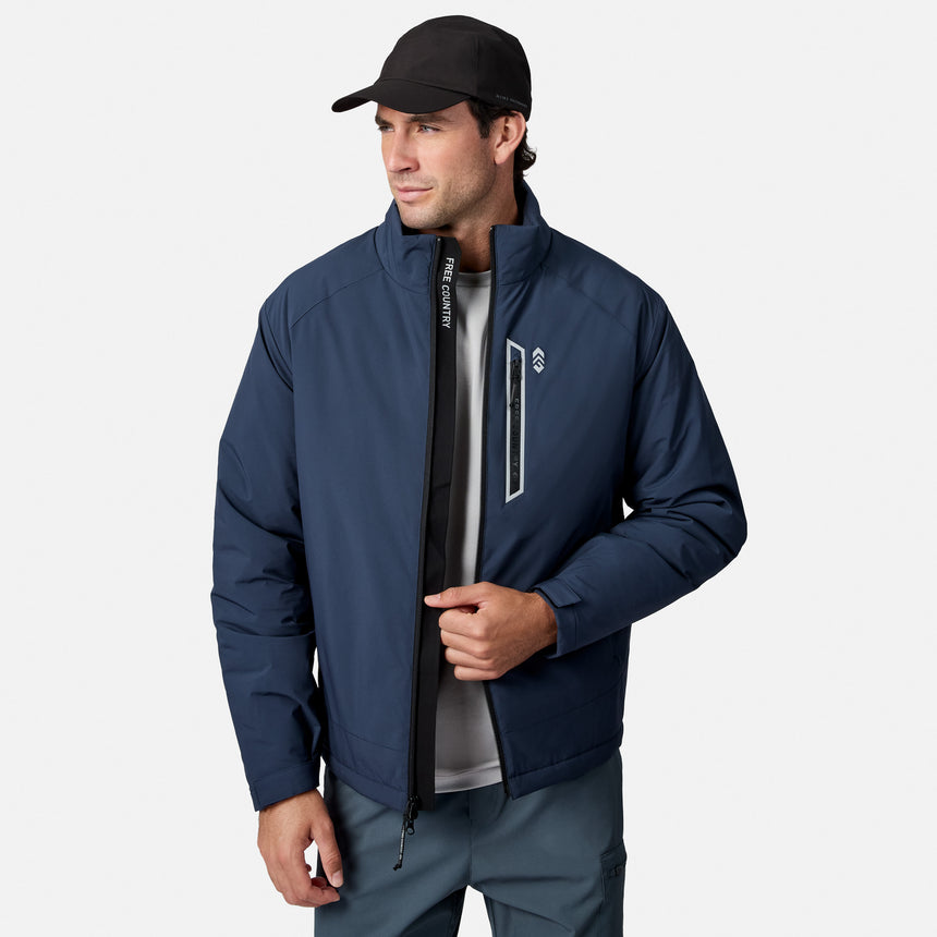 Male model wearing navy Ace Puffer Jacket with a high collar and front zipper