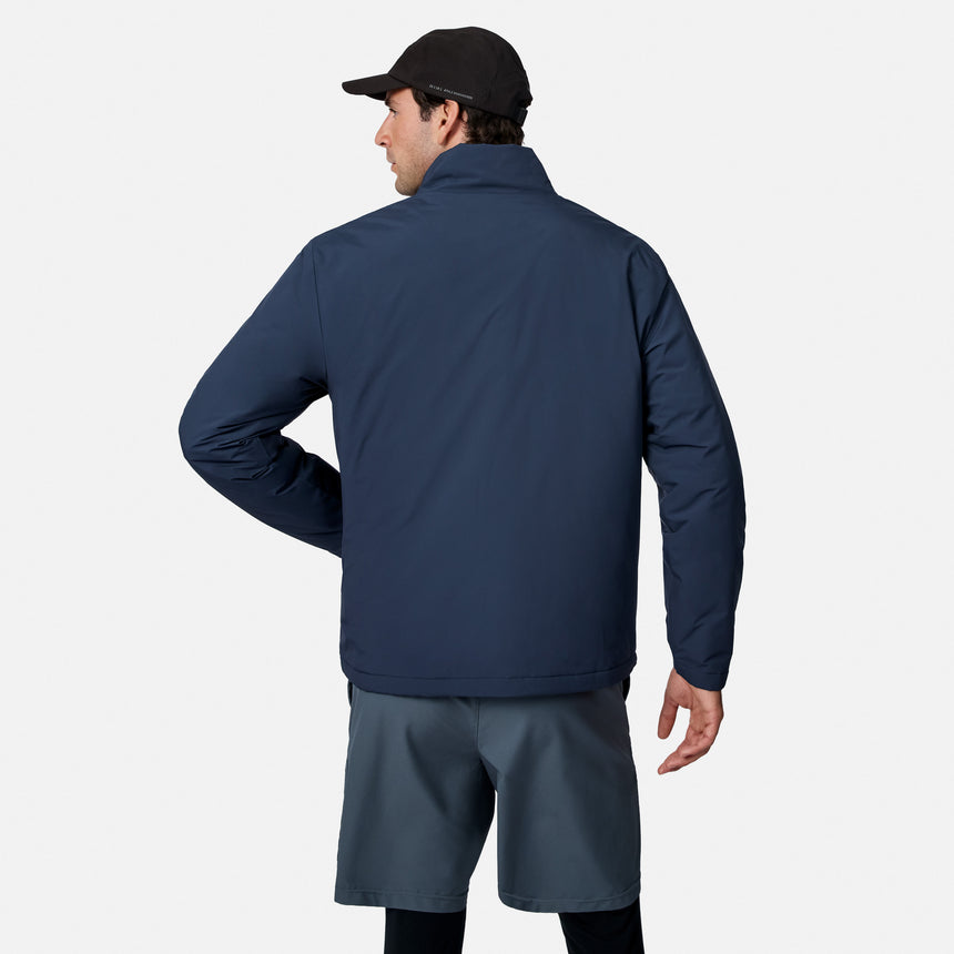 Back view of a man in navy Ace Puffer Jacket showcasing its relaxed fit and standing collar.