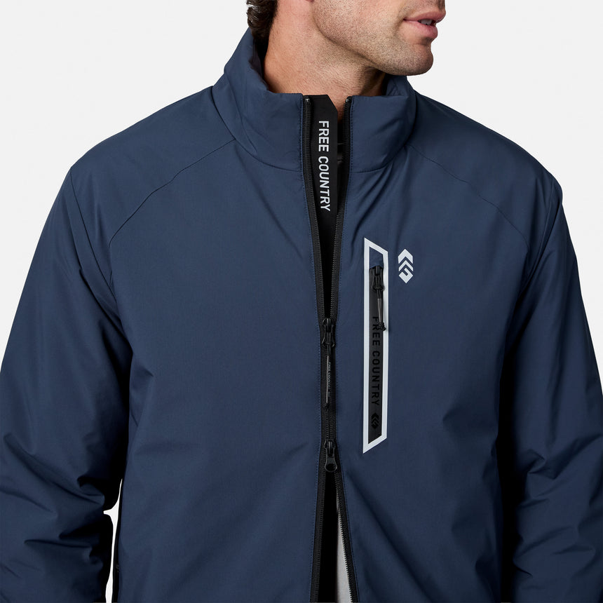 Rear view of a man wearing navy Ace Puffer Jacket and black cap focusing on collar and front zipper.