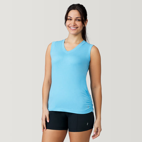 [Michelle is 5'8" wearing a size Small] Women's Microtech® Chill V-Neck Tank Top - S - Azure #color_azure