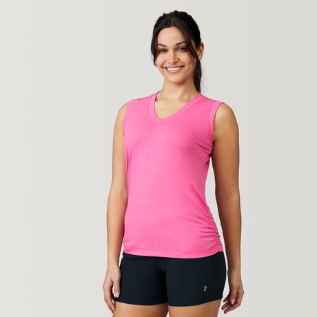 [Michelle is 5'8" wearing a size Small] Women's Microtech® Chill V-Neck Tank Top - S - Coral #color_coral