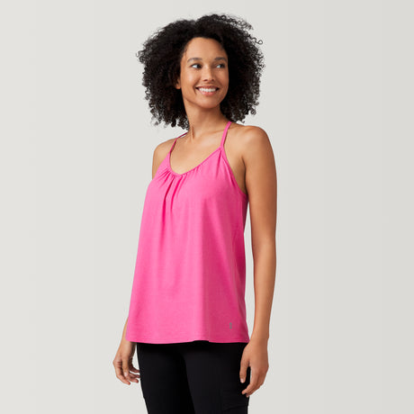 [Victoria is 5’11” wearing a size Small.] Free Country Women's Free2B B Cool V-Neck Built-In Bra Cami Top - Coral - S #color_coral