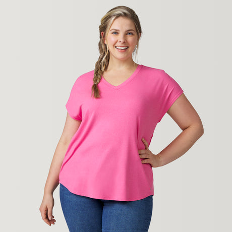 [Angela is 5’10” wearing a size 1X] Women's Plus Size Microtech Chill B Cool Tee - Coral - 1X #color_coral