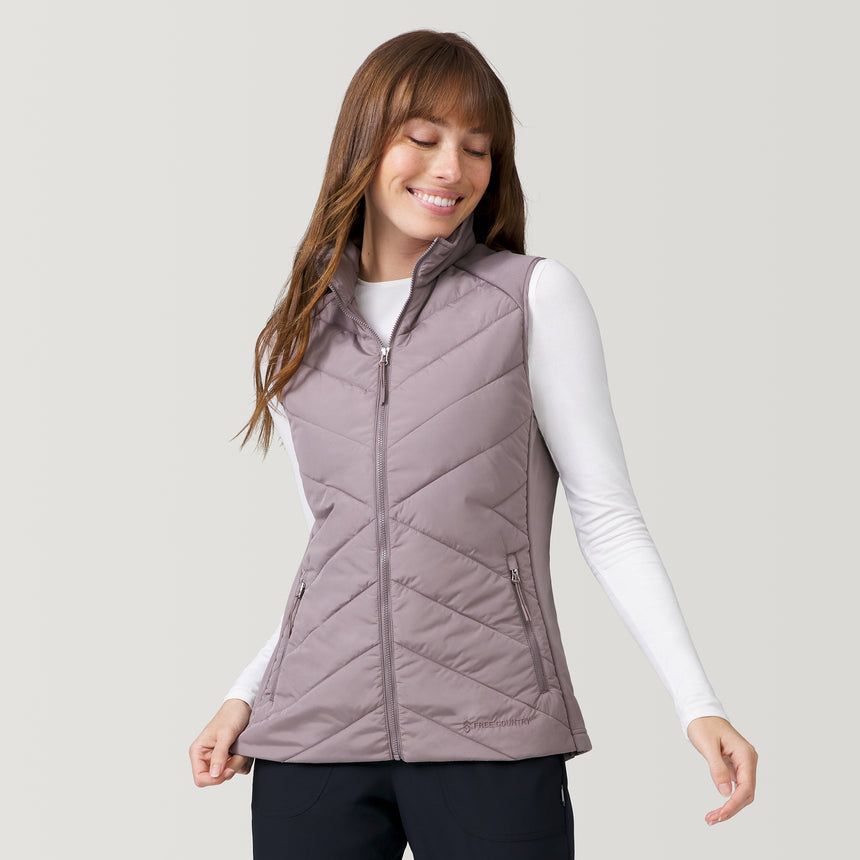 [Melanie is 5’8.5” wearing a size Small.] Women's Quilted Hybrid Vest - S - Taupe #color_taupe