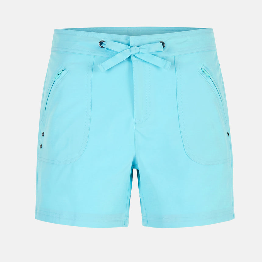 The Free Country Women's 5" Bermuda Board Short features light blue, four-way stretch fabric that's lightweight and quick-drying, plus a drawstring waist, two zippered front pockets, and decorative side buttons—perfect for active wear.