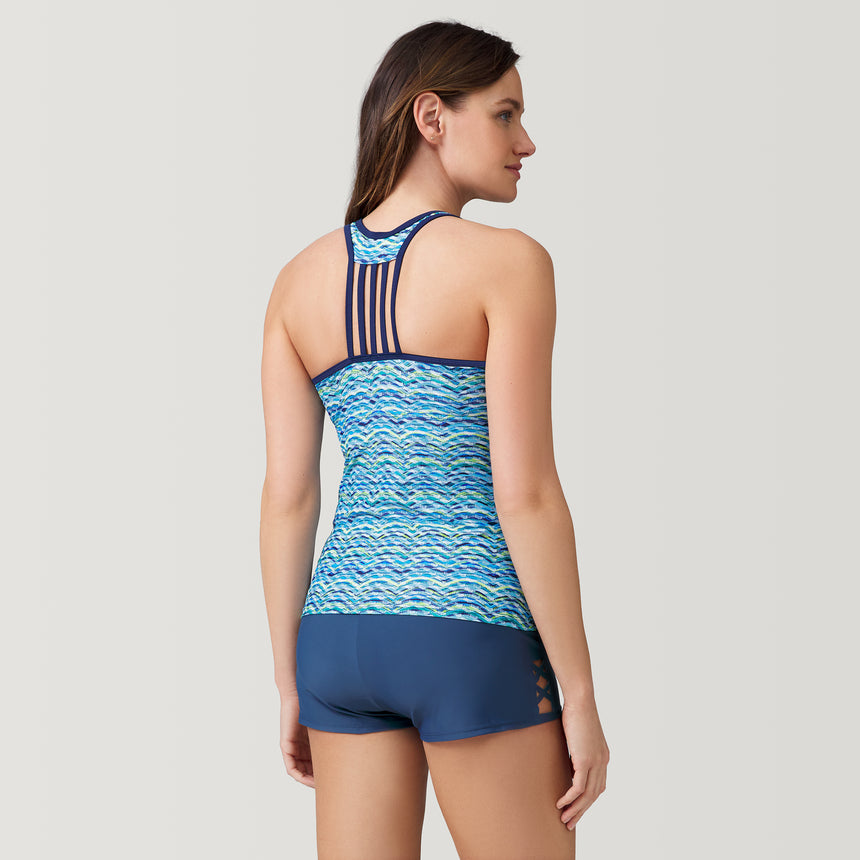 [Emily is 5’9” wearing a size Small.] Women's Crochet Wave Lace Up Racerback Tankini Top - S #color_indigo-crochet-wave