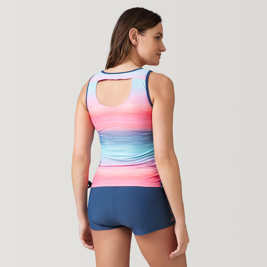 [Emily is 5'9" wearing a size Small] Women's Sunset Ombre Full Side Shirring Tankini Top - Periwinkle Sunset Ombre - S #color_periwinkle-sunset-ombre