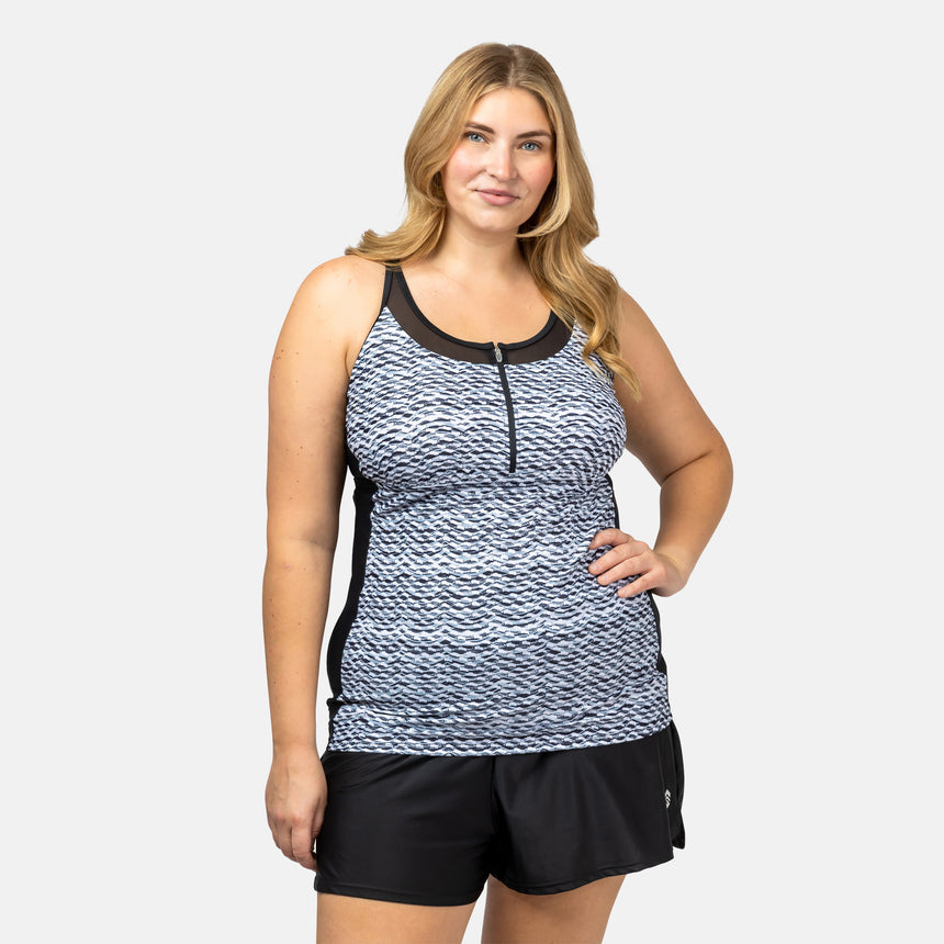 Women's Plus Size Crochet Wave Mesh Zip-Up Tankini Top