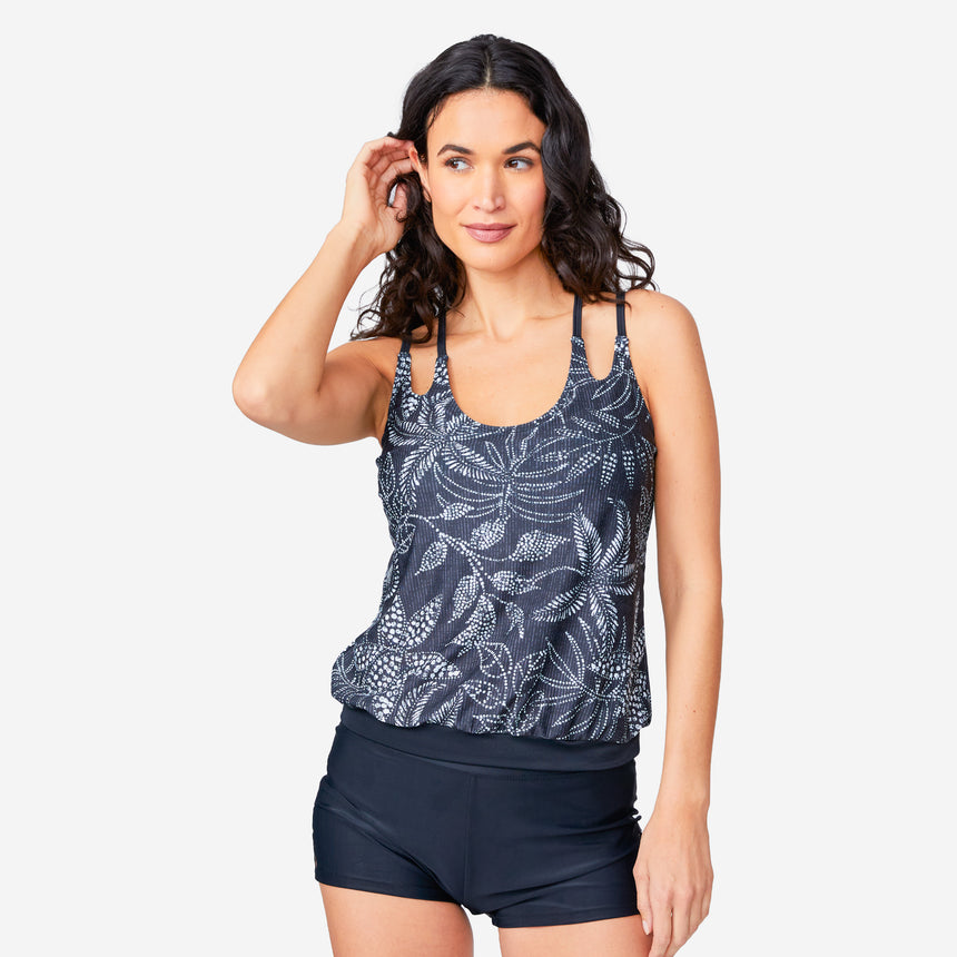 Women's Batik Bloom Double Strap Cut Out Blouson Tankini Top