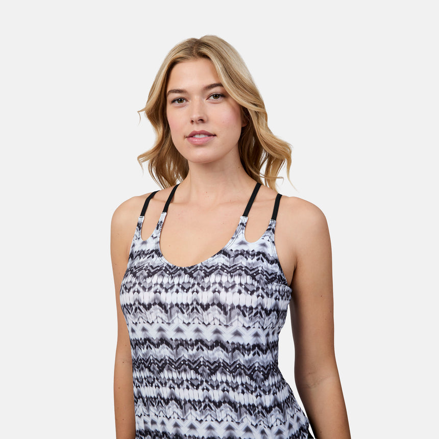 Women's Ikat Double Strap Cut Out Blouson Tankini Top