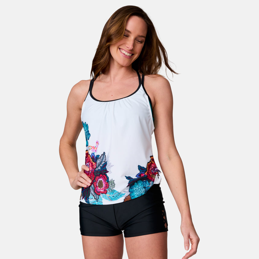 Women's Macrame Floral Side Tie Blouson Tankini Top