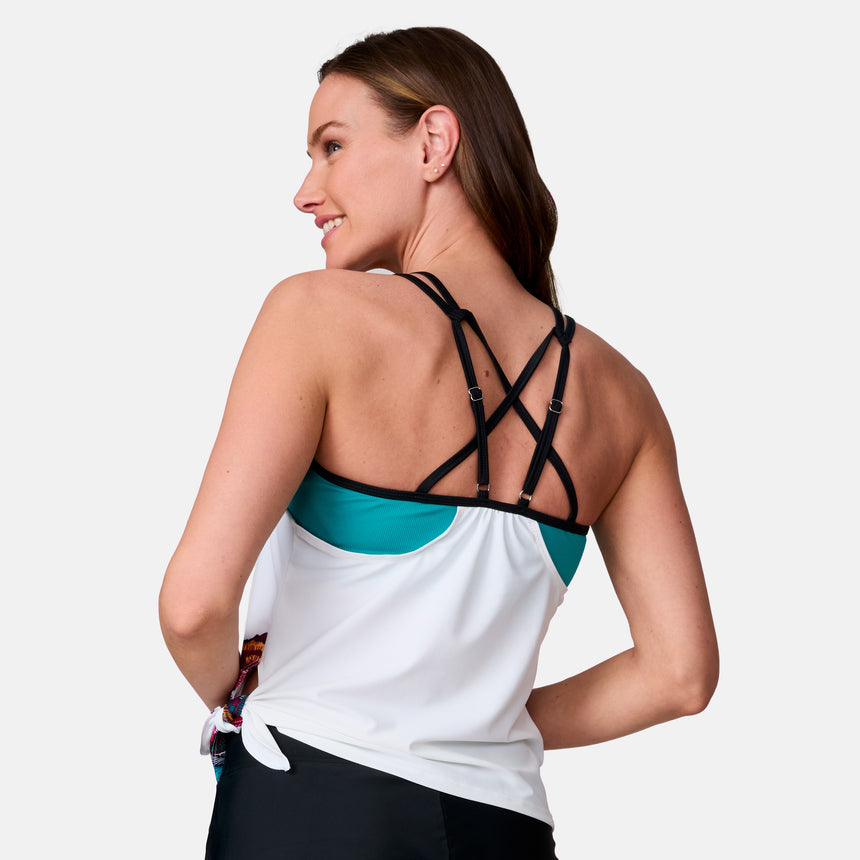 Women's Macrame Floral Side Tie Blouson Tankini Top