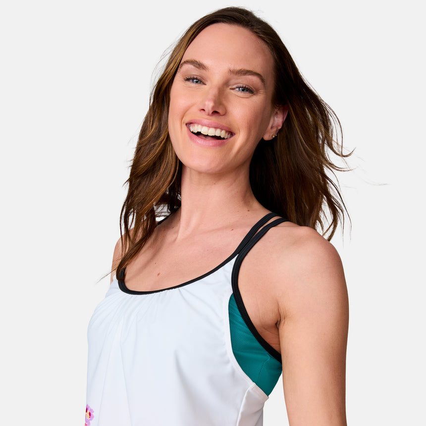 Women's Macrame Floral Side Tie Blouson Tankini Top