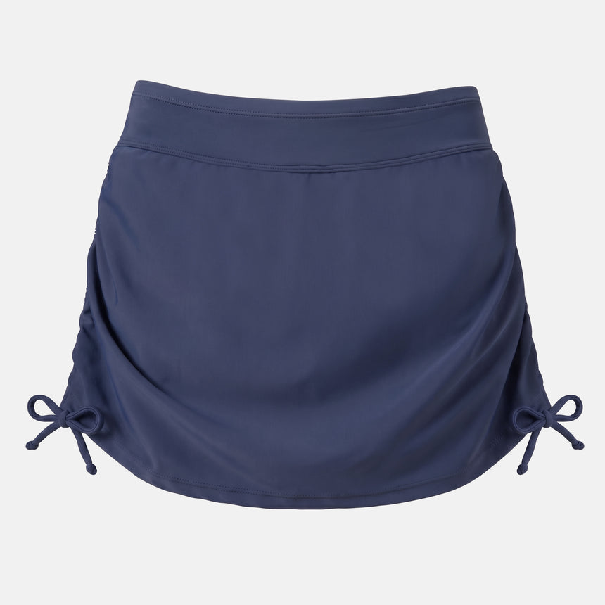 The Free Country Women's Side Shirred Swim Skirt is a black athletic swim skirt with built-in brief and adjustable side ties, shown flat on a white background.