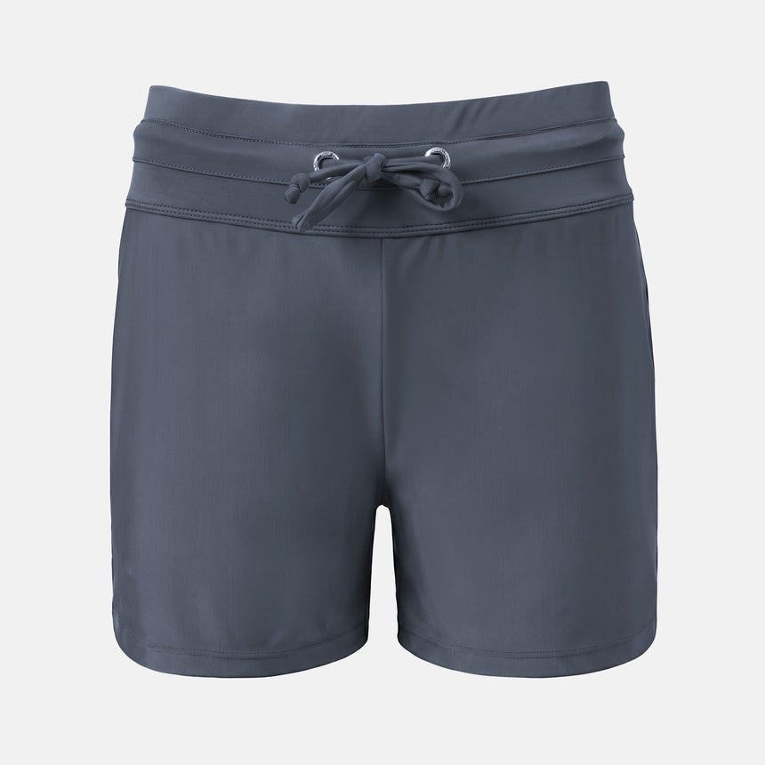 Free Country Women's Drawstring Swim Short in black features a drawstring waistband, quick-dry fabric, and a subtle logo on the lower left leg, displayed against a plain light background.