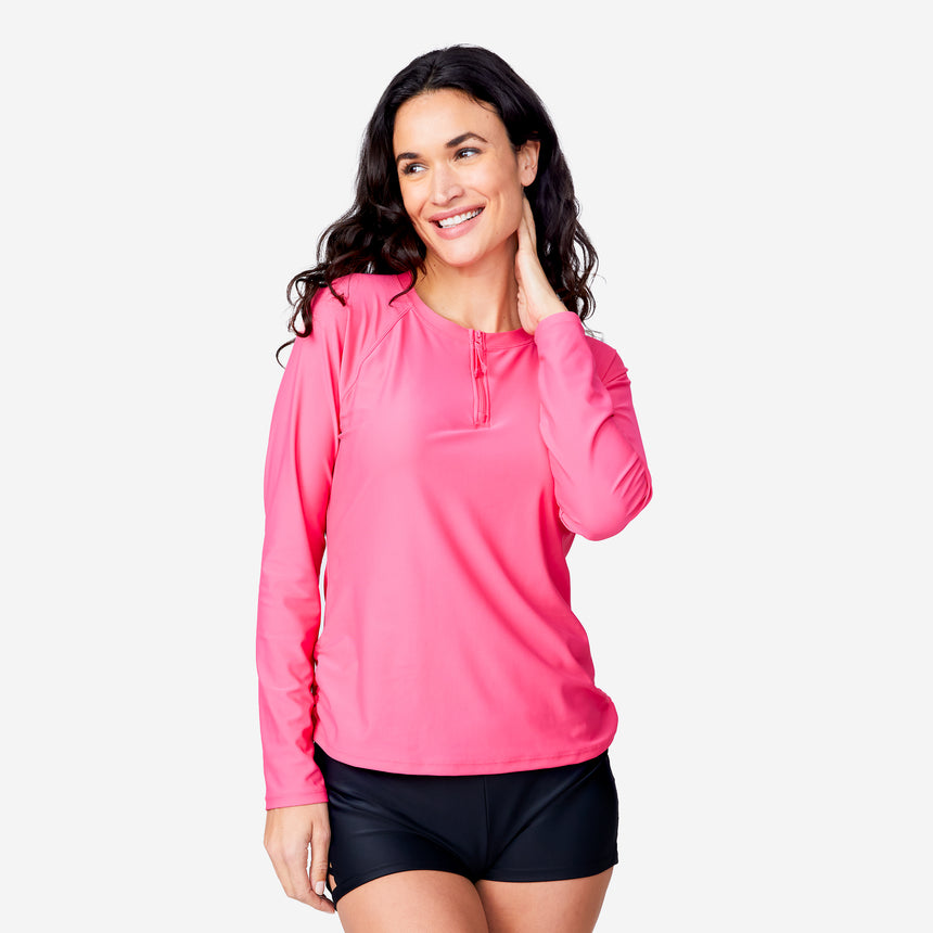 Women's Long Sleeve Zip Swim Shirt with Built-in Bra