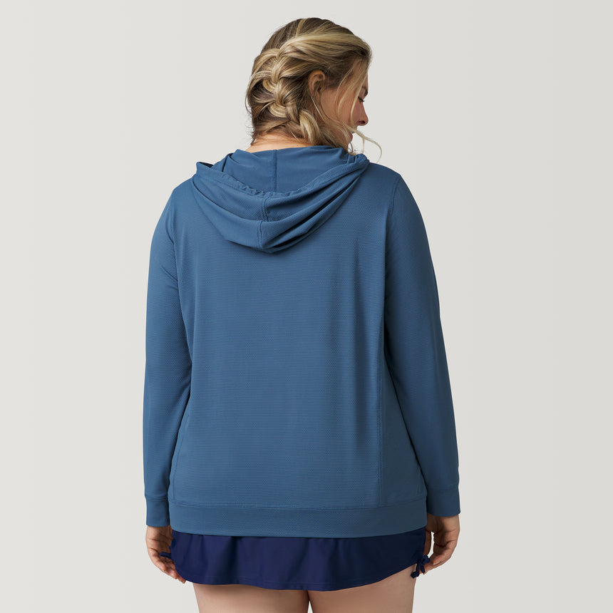 [Angela is 5'10" and wearing a size 1X.] Women's Plus Size SunFree UPF Hoodie - 1X - Sage Steel #color_sage-steel