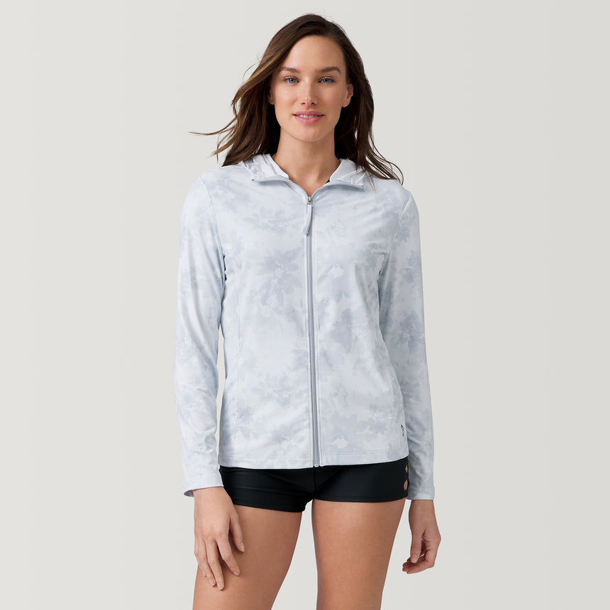 [Emily is 5’9” wearing a size Small.] Women's SunFree Full Zip UPF Sunshirt - S - Silver #color_silver