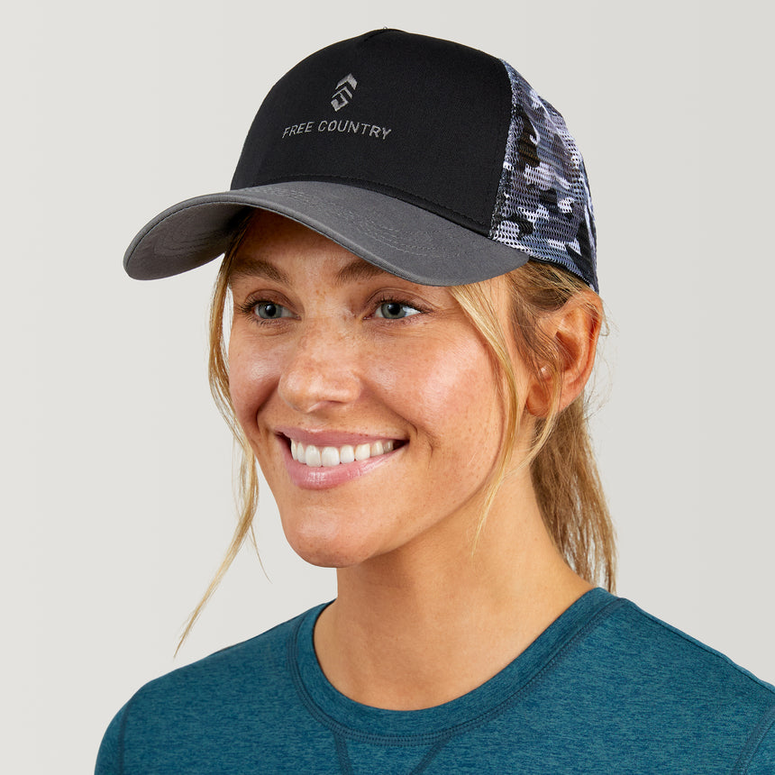 Free Country Five Panel Camo Trucker Hat - Black Camo #color_black-camo