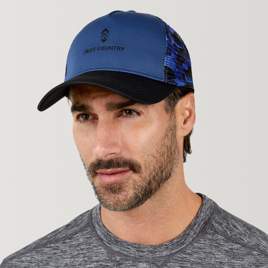 Free Country Five Panel Camo Trucker Hat - Deep Sea/Black Camo #color_deep-sea-black-camo