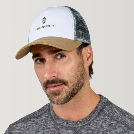 Free Country Five Panel Camo Trucker Hat - Khaki Camo/Cream #color_khaki-camo-cream