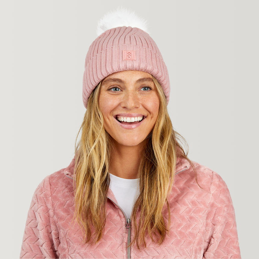 Women's Rib Knit Cuffed Beanie with Pom - Peach Blush #color_peach-blush