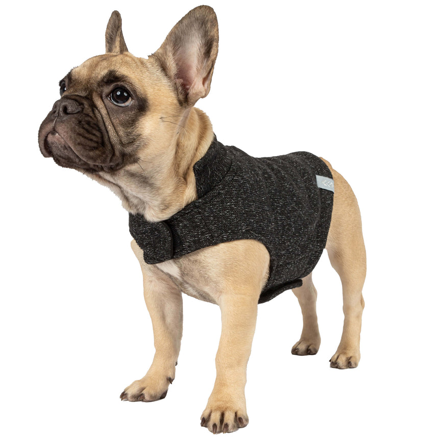 French Bulldog wearing the Free Country Dog Mountain Fleece Jacket in dark textured fleece, designed to keep dogs warm while providing a comfortable fit, shown against a plain background.