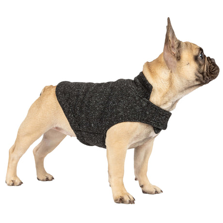 French Bulldog wearing the Free Country Dog Mountain Fleece Jacket in dark textured fleece, designed to keep dogs warm while providing a comfortable fit, shown against a plain background.