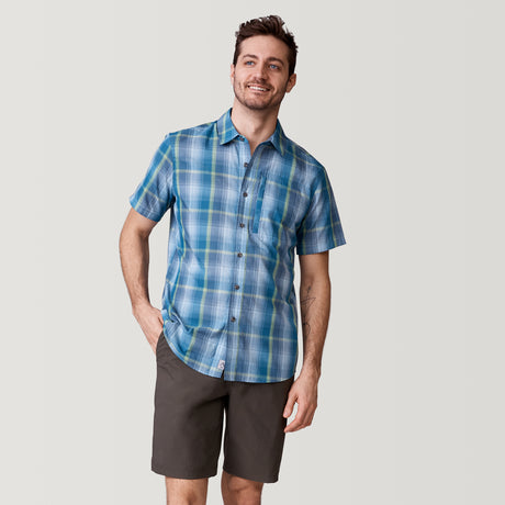 [Will is 6'2" wearing a size Medium] Men's Excursion Short Sleeve Poplin Shirt - Denim Trails - M #color_denim-trails