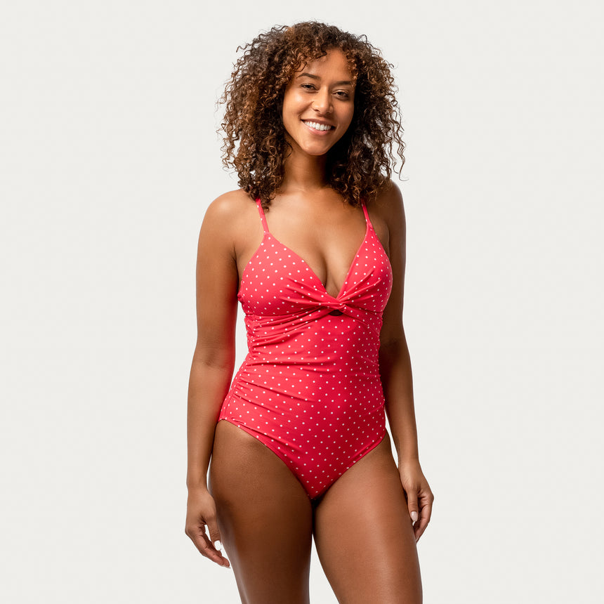 Women's Polka Dot Twist Front One-Piece Swimsuit - Poppy Red-White #color_poppy-red-white