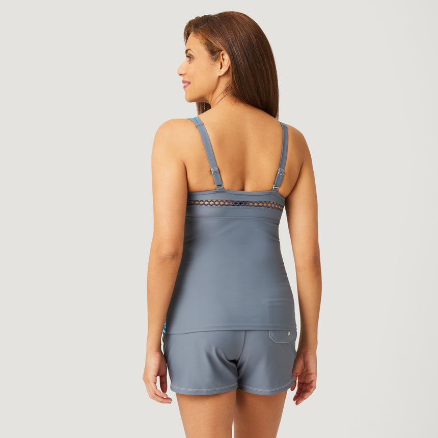 Women's Summer Bouquet Highneck Tankini Top - Caribbean Blue #color_caribbean-blue