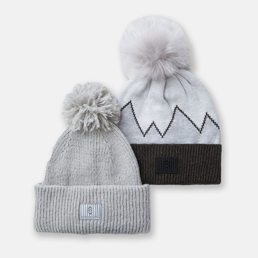 Women's Fair Isle & Cuffed Knit Beanie with Pom - 2 Pack - Black & Grey #color_black-grey