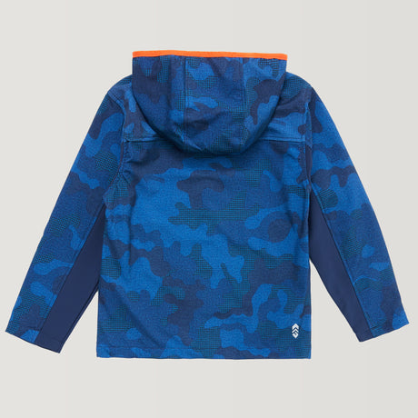The Kids' Softshell Jacket by Clearance features a blue camo pattern, long sleeves, orange hood trim, and a small white logo near the hem. Wind and water resistant, it is shown flat with the back side facing up.