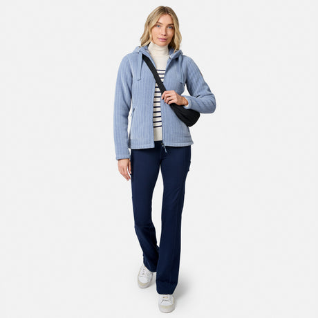 [Model is wearing size S.] Front view of a woman in a light blue chenille fleece jacket with a hood